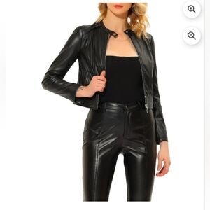 Allegra K Women's Faux Leather Jackets Fashion Front Zip Up Short Moto BikerCoat